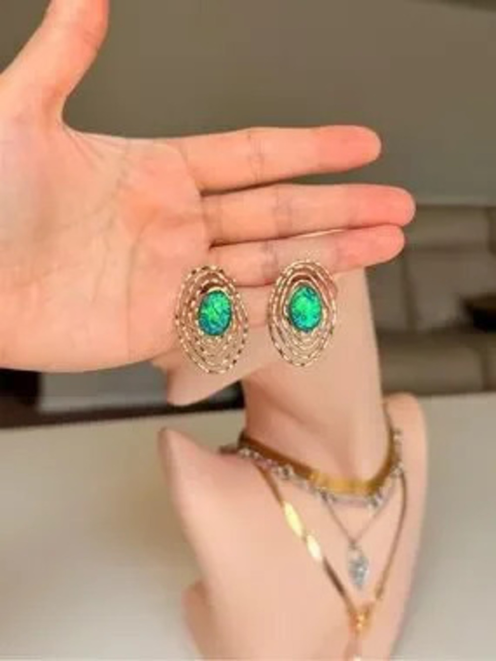 Gold Spiral Frame Earrings with Green Blue Opal Center